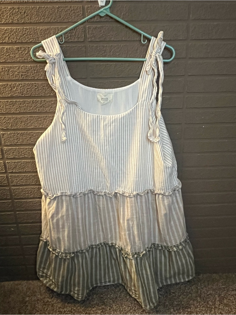 Perch by Blu Pepper Tiered Stripe Cotton Babydoll Tank Size XL Gray- Khaki/White